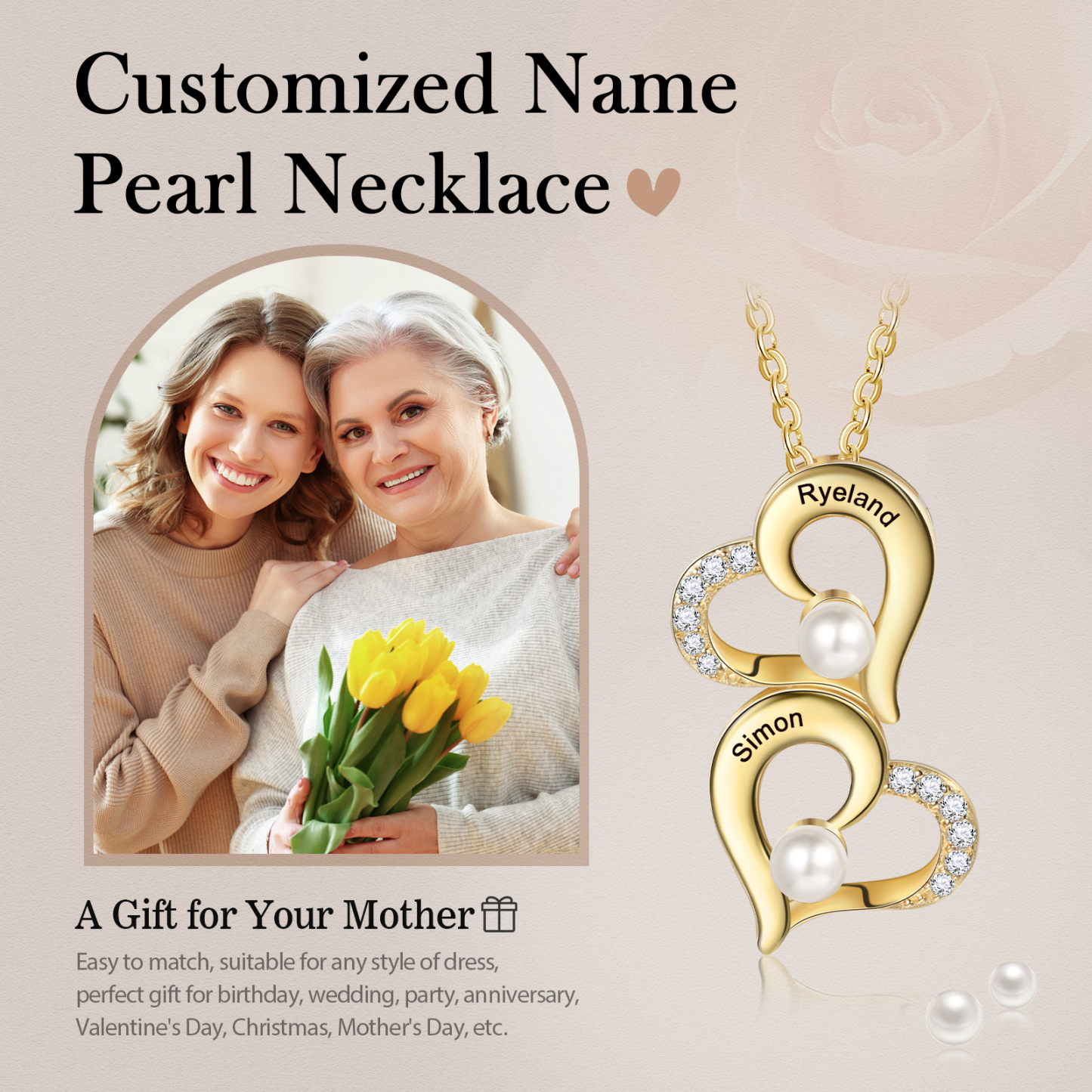 2 Names-Custom Women Pearl Heart Necklace, Personalised 1-6 Names Necklace for Her