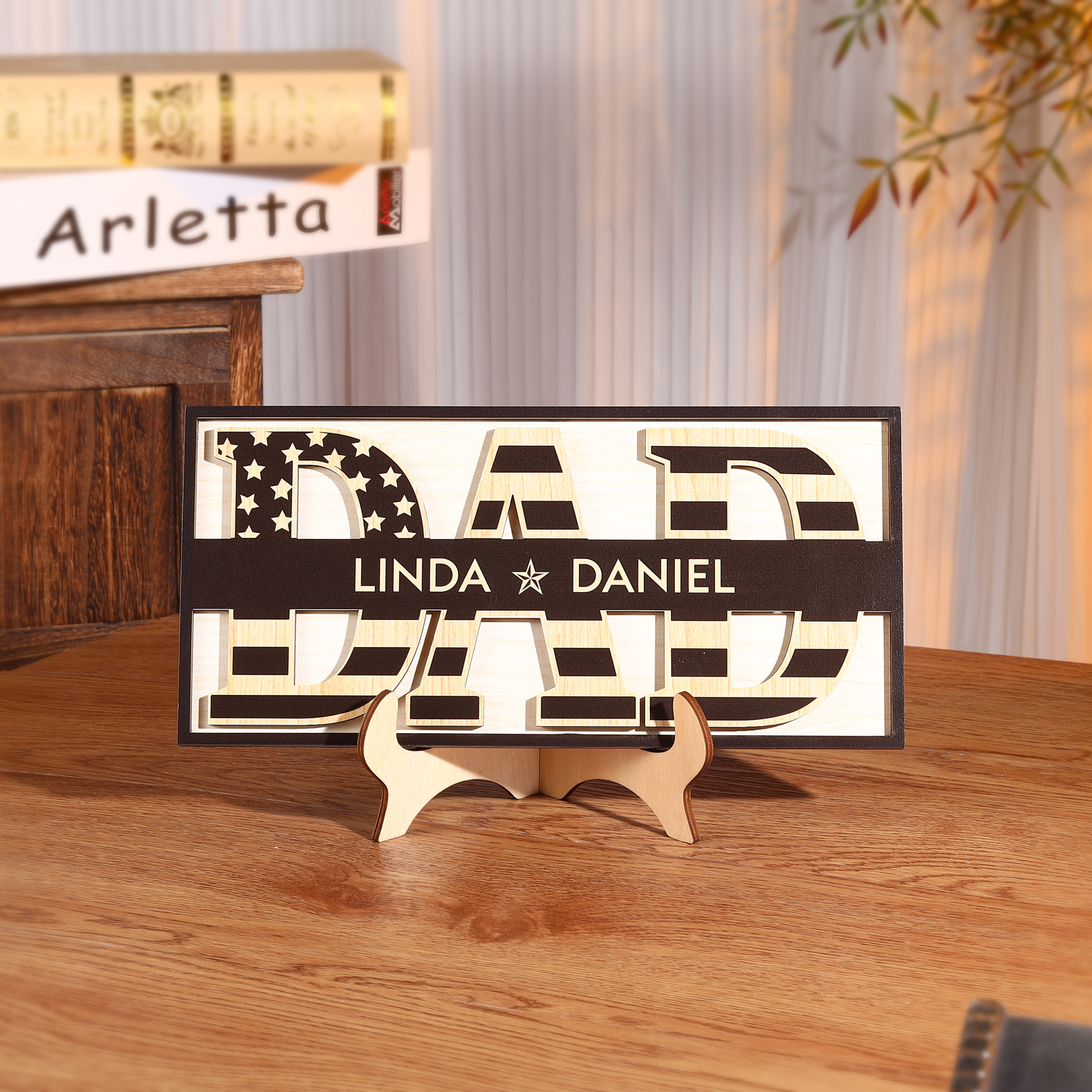 2 Names - Personalised Wood Ornament Engraved with Dad Text Support Customized Name Ornament Father's Day Gift for Dad