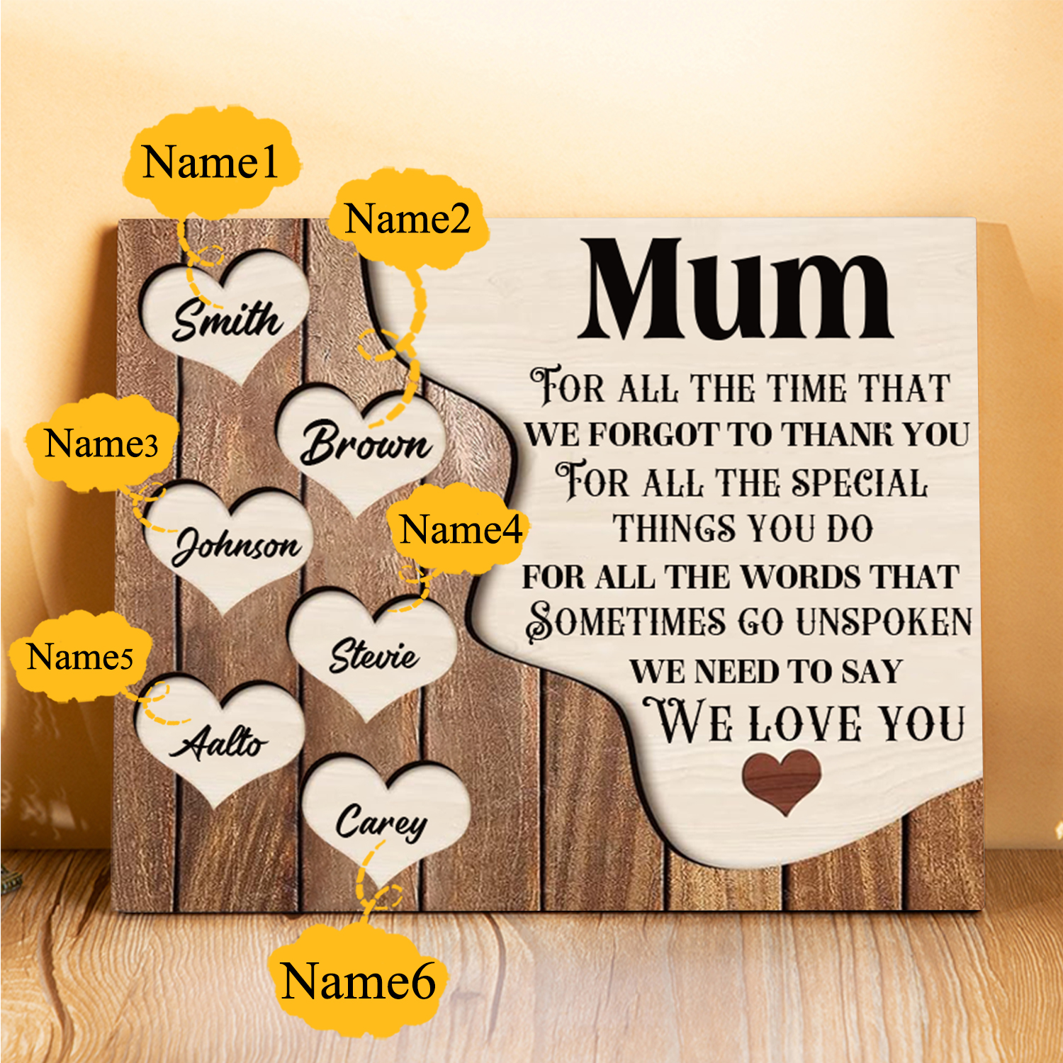 6 Names-Personalised Mum Wooden Frame Custom Names Home Decoration  - Mother's Day Gifts for Mum