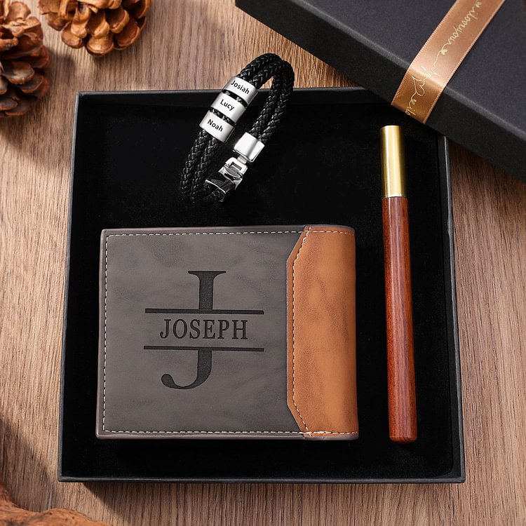Personalised 1 Photo & 1 Letter & 4 Names Gift Set Custom Wallet & Bracelet & Pen Gift Box Set Father’s Day Gifts