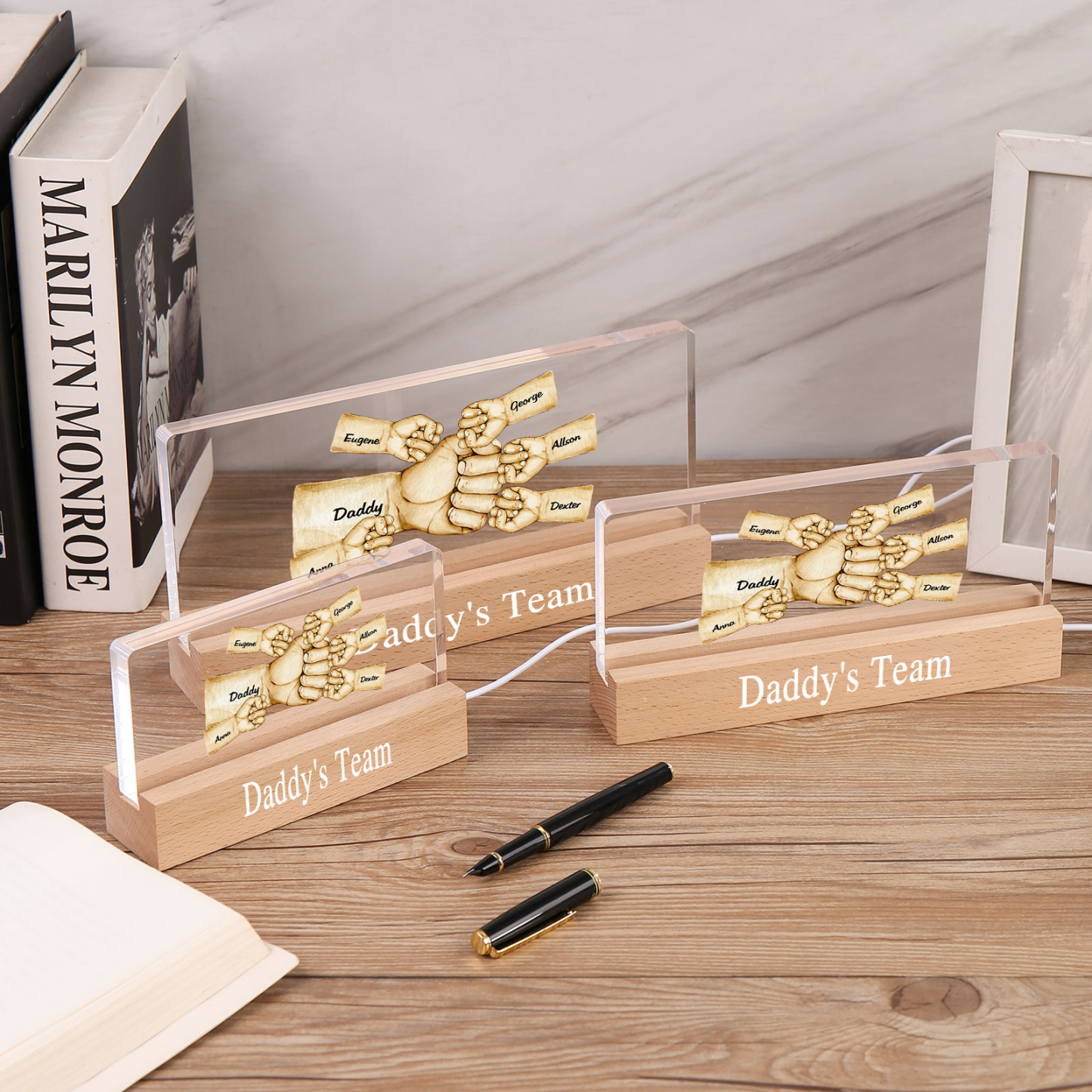 6 Names - Personalised Fist Bump Pattern Table Lamp Customized Text Father's Day Gift for Dad
