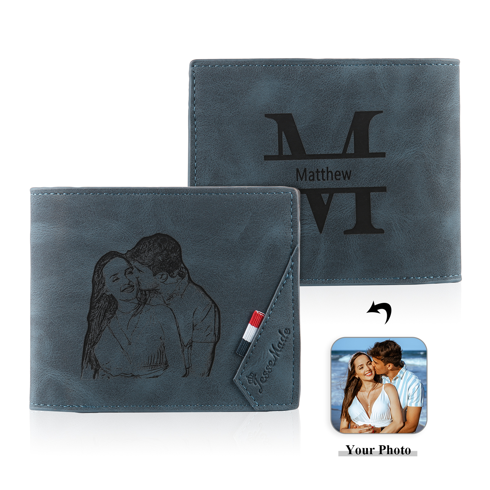 Personalised Name Leather Men's Wallet With Card Slot Engraved Letter And Photo Gift For Him
