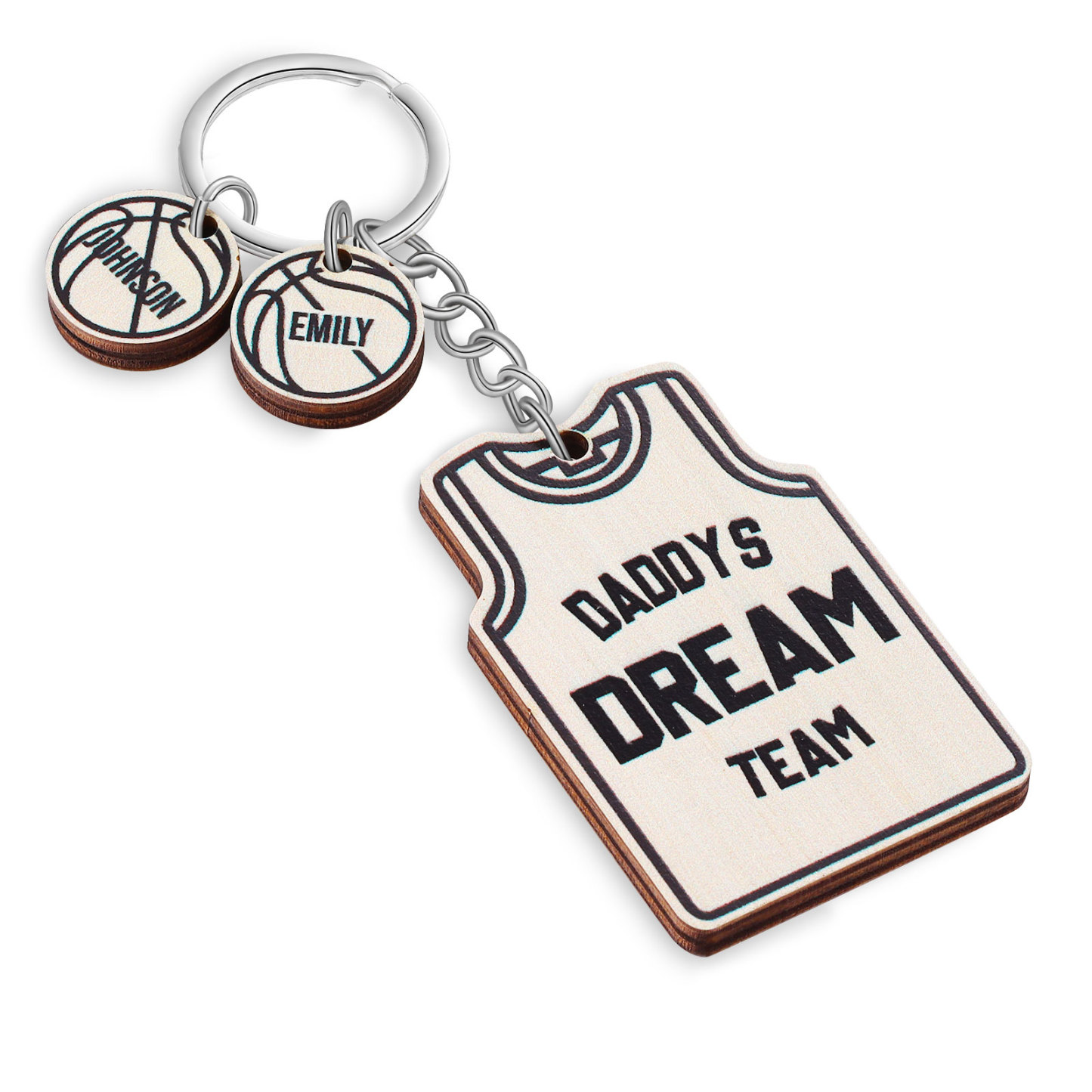 Personalised Text and 2 Names Wooden Basketball Keyring For Dad