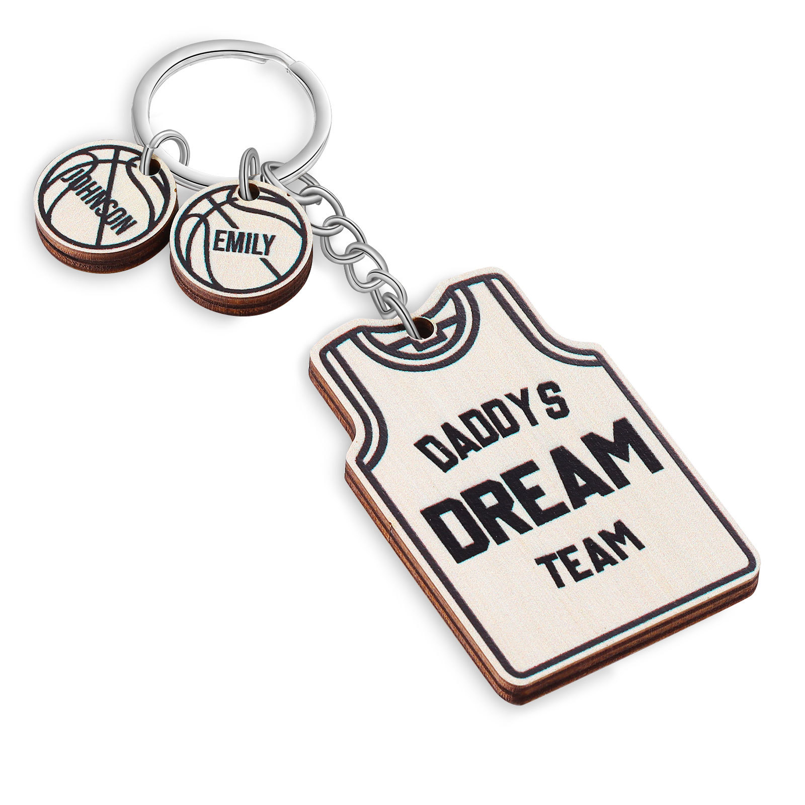Personalised Text and 2 Names Wooden Basketball Keyring For Dad