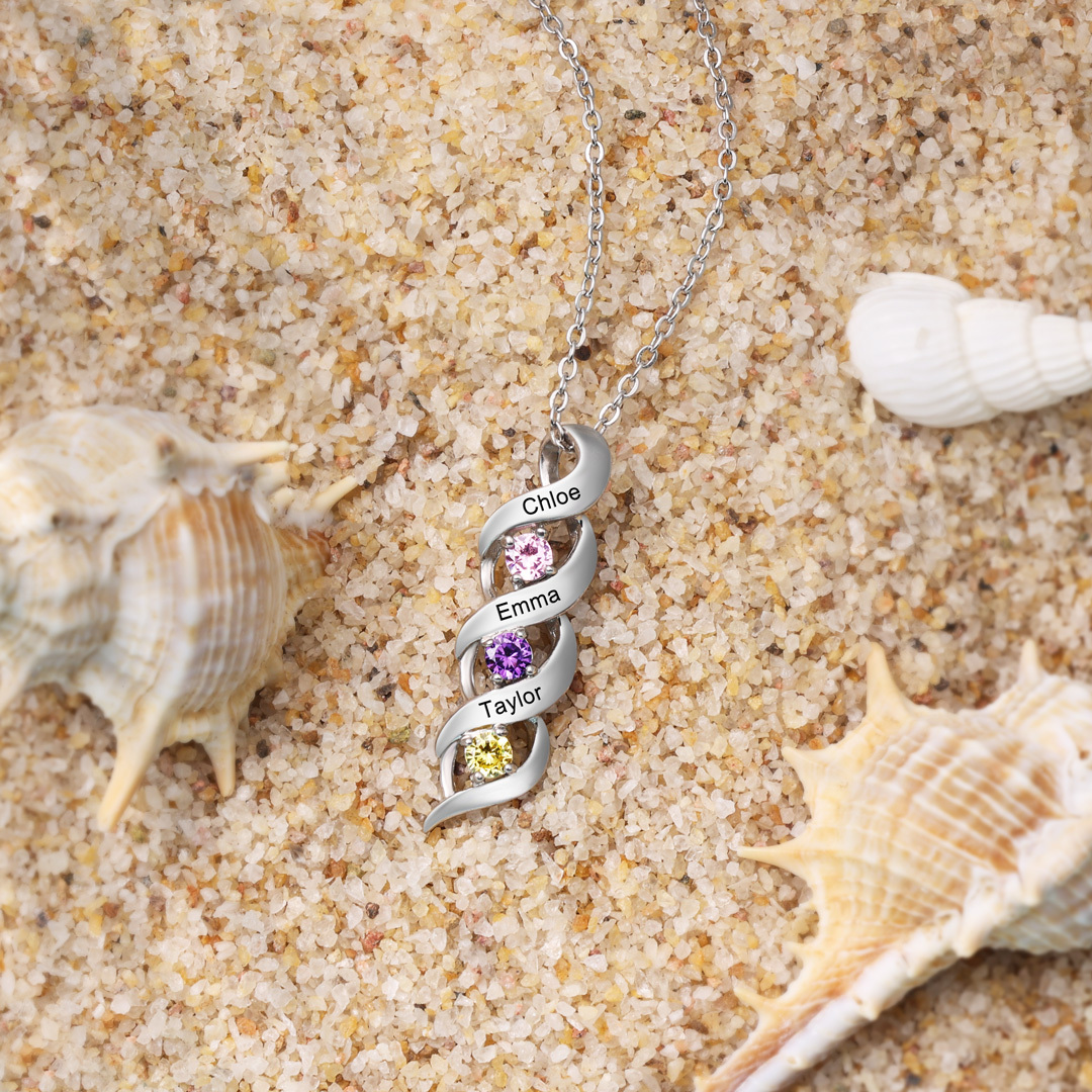 3 Names-Personalised Necklace Cascading Pendant with 3 Birthstones Engraving 3 Names Gifts for Her