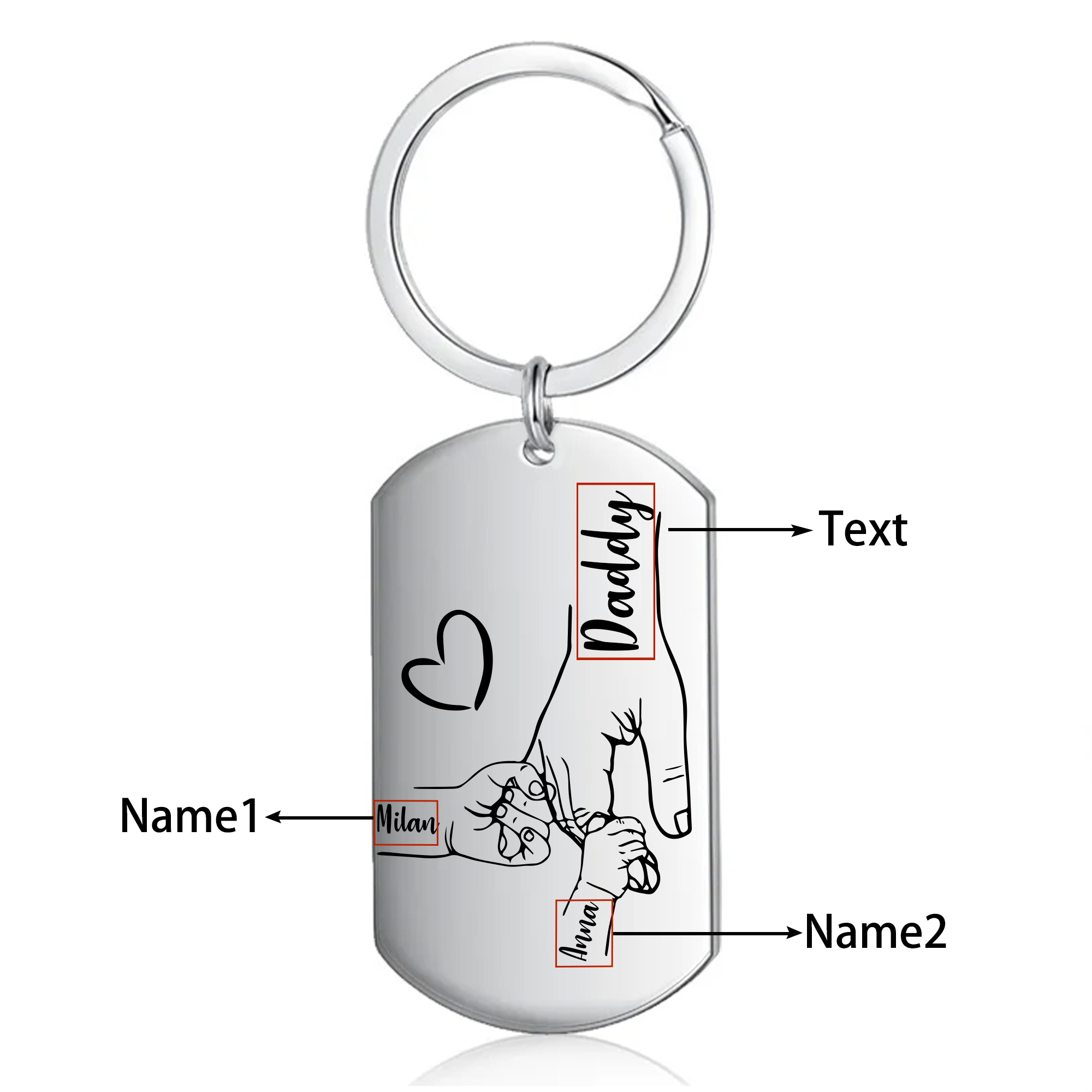 2 Names - Personalised Holding Hands Keyring with name and text Gift for Dad