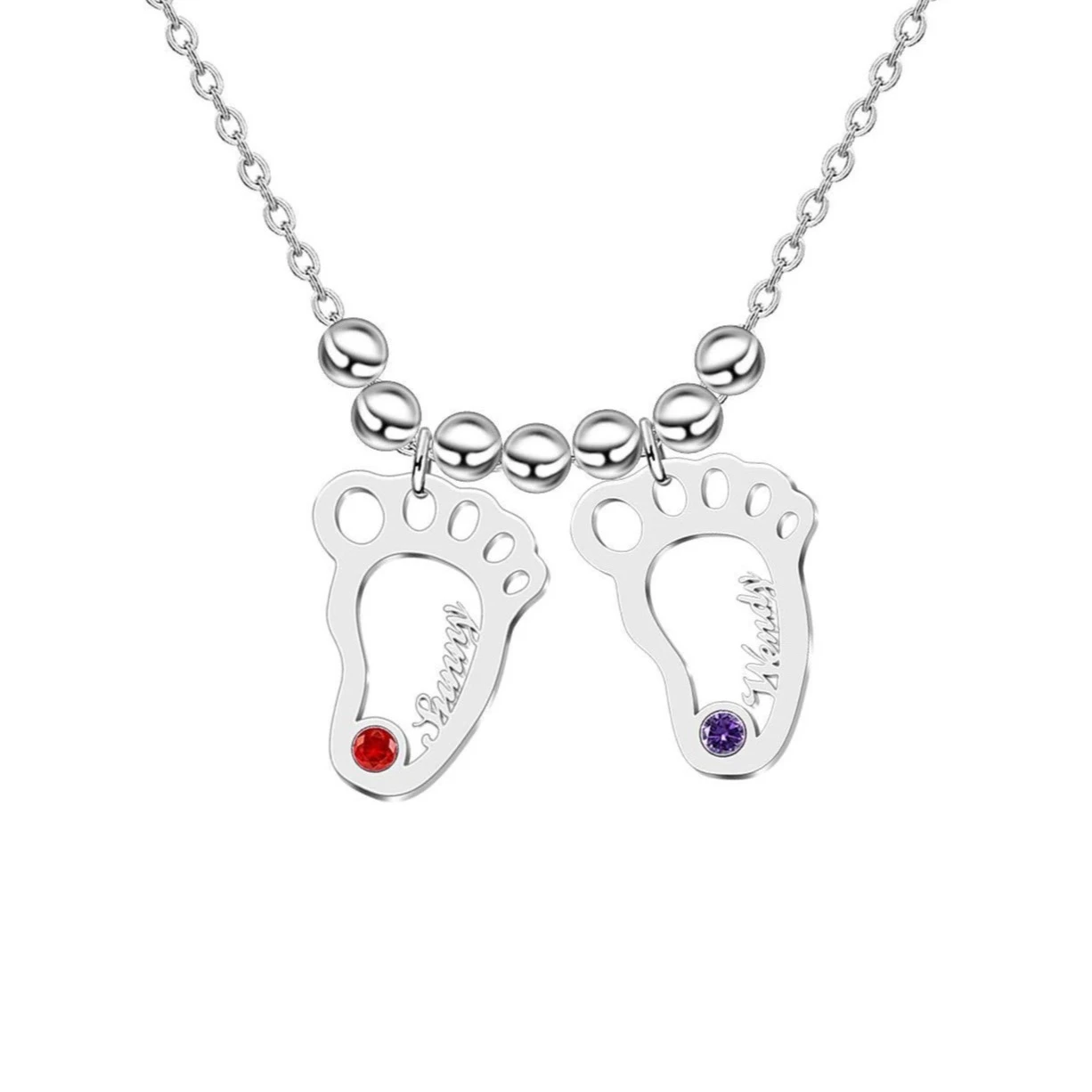 Personalised Baby Foot Necklace With 4 Birthstones Engraved Names Gift For Mother