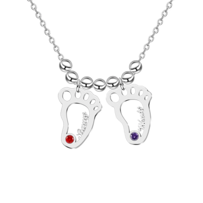 Personalised Baby Foot Necklace With 4 Birthstones Engraved Names Gift For Mother