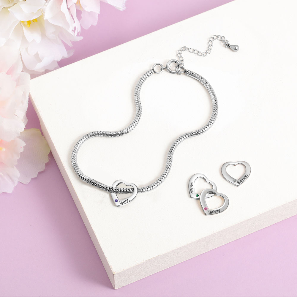 Custom Anklet Engraved 1 Name and Birthstone Heart Shaped Charm Personalised Bracelet for Women