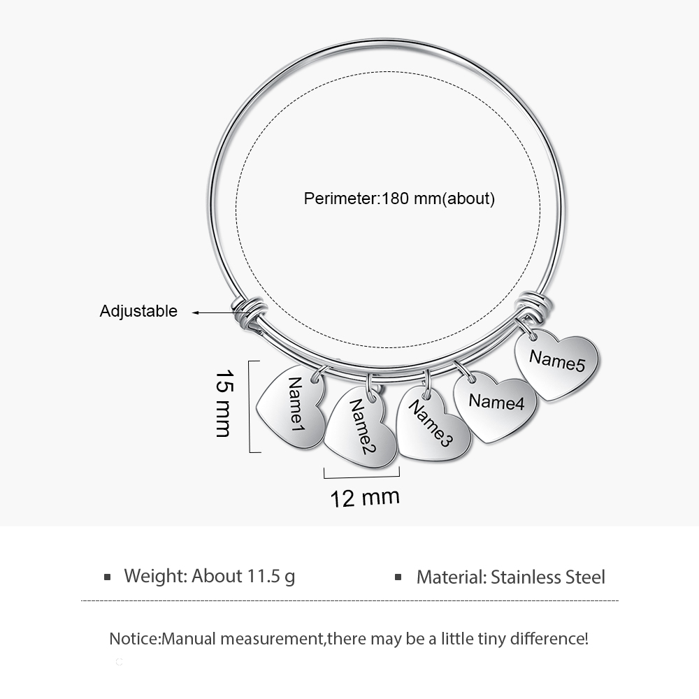Jessemade Personalised 5 Names-Hearts Bracelet For Her