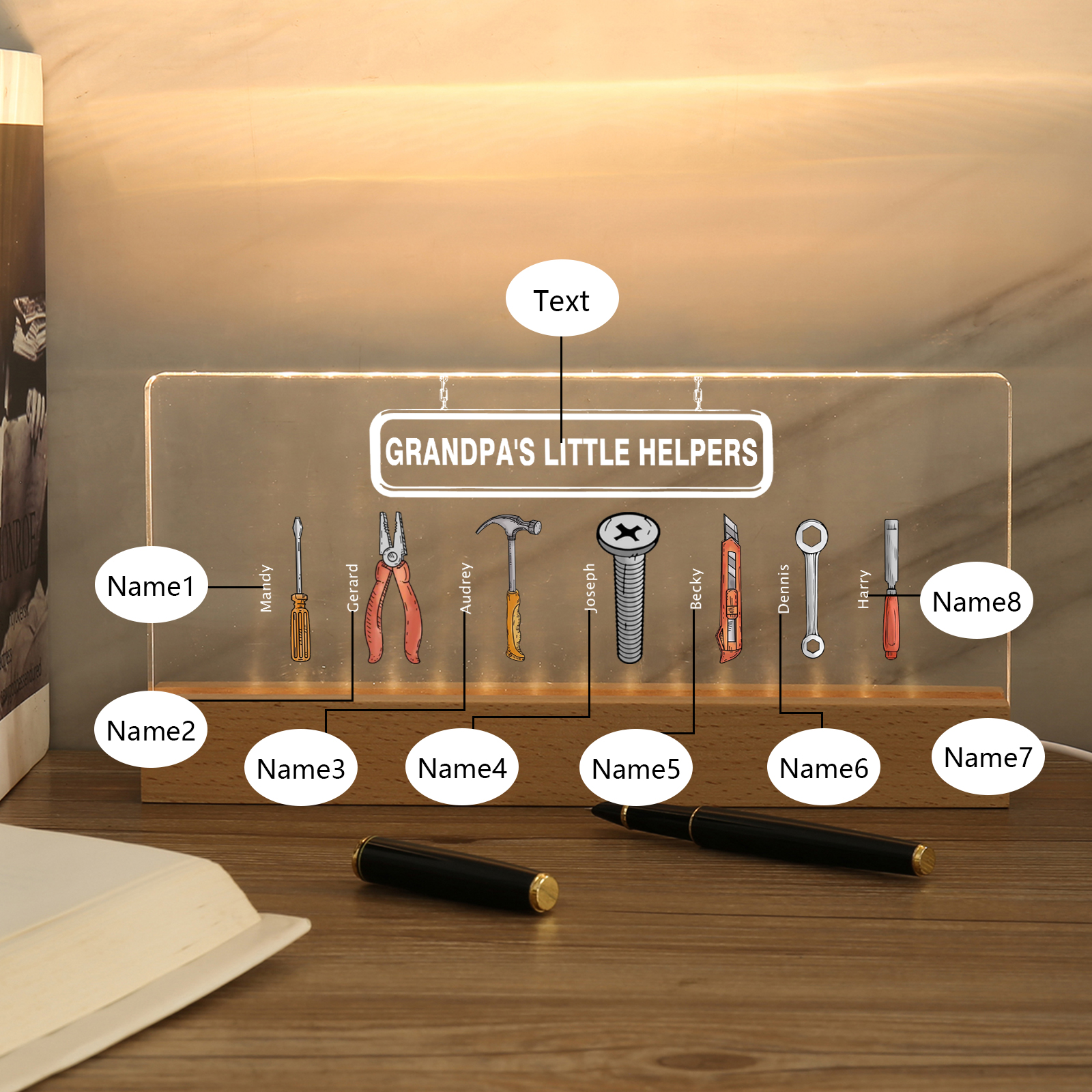 8 Names - Personalised Repair Tool Pattern Table Lamp Customized Text Father's Day Gift for Grandad/Dad