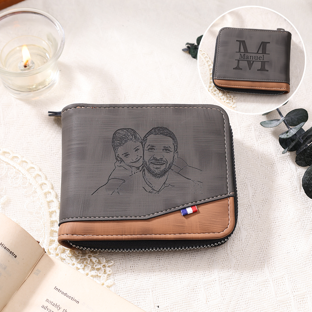 Personalised Name Leather Men's Wallet With Card Slot Engraved Letter And Photo Gift For Father's Day