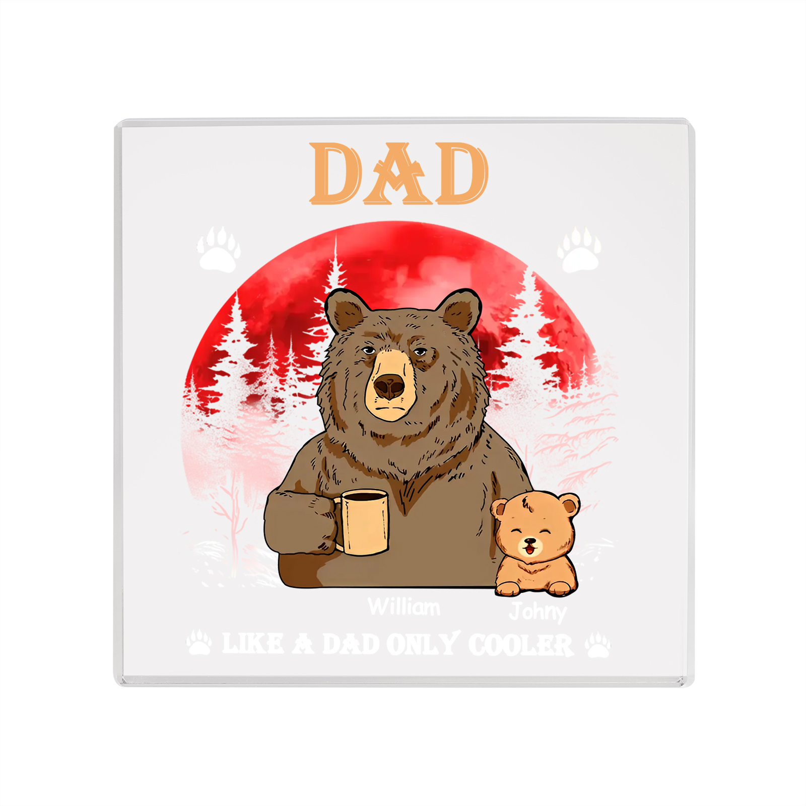 2 Names - Personalised Bear Family Pattern Custom Name Acrylic Square Ornament Father's Day Gift