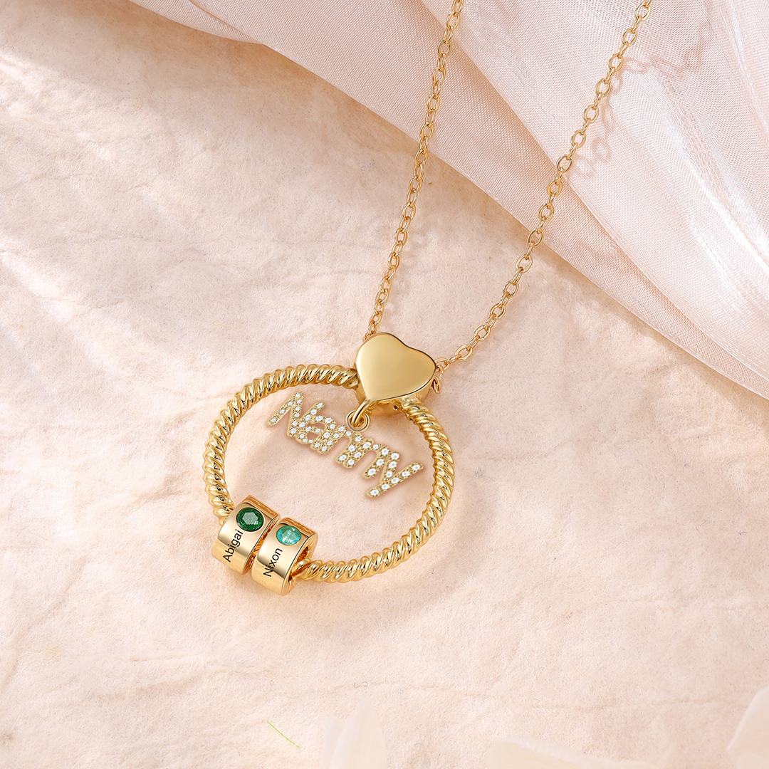 2 Names-Personalised Nanny Circle Necklace With 2 Birthstones Pendant Engraved Names Gift For Nanny