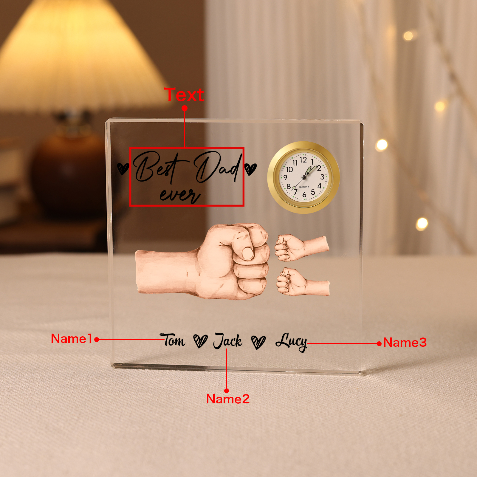 3 Names - Personalised Fist Bump Style Acrylic Clock Ornament Customized Name and Text Acrylic Father's Day Gift for Dad