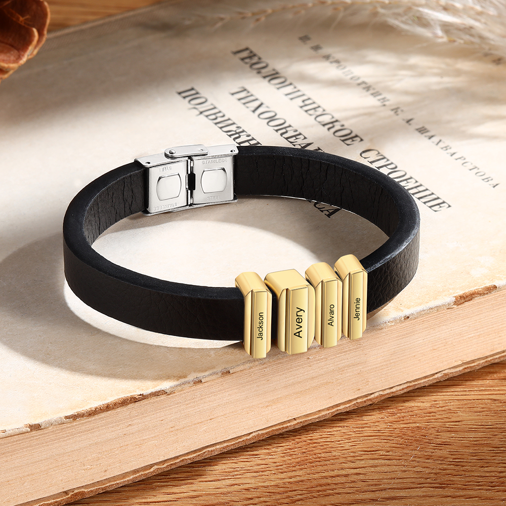 4 Names Personalised Stainless Steel Leather Bracelet Engraved Name Men's Bracelet Gift for Dad