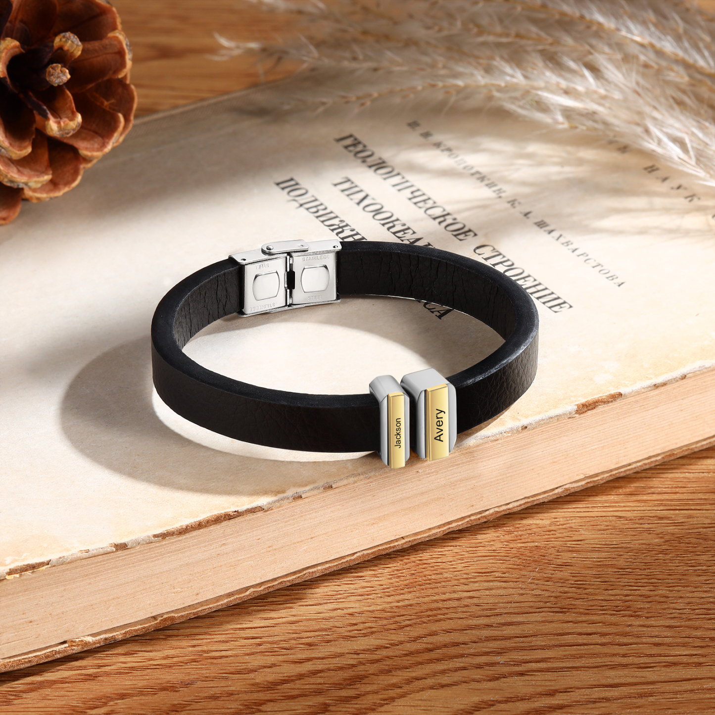 2 Names Personalised Stainless Steel Leather Bracelet Engraved Name Men's Bracelet Gift for Dad