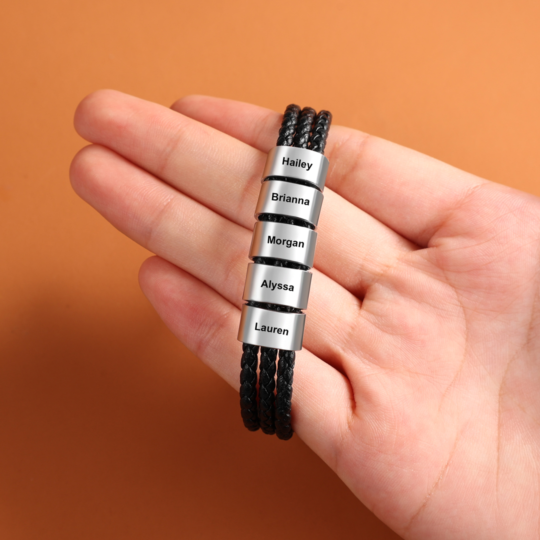 Personalised Braided Leather Bracelet Engraved 5 Names Men's Bracelet Gifts For Him