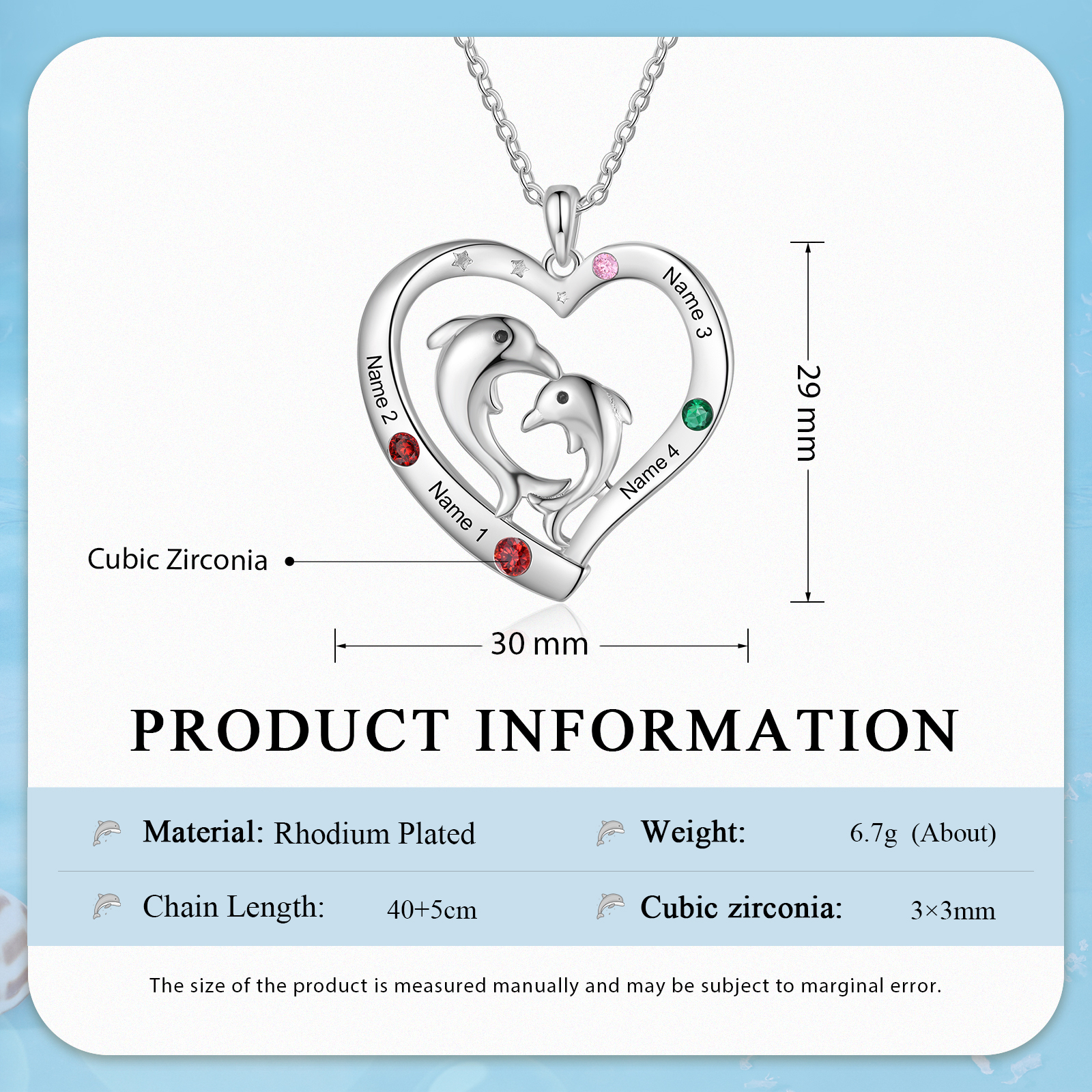 4 Names - Personalised Beautiful Dolphin Heart Necklace with Customized Name and Birthstone Gift for Her
