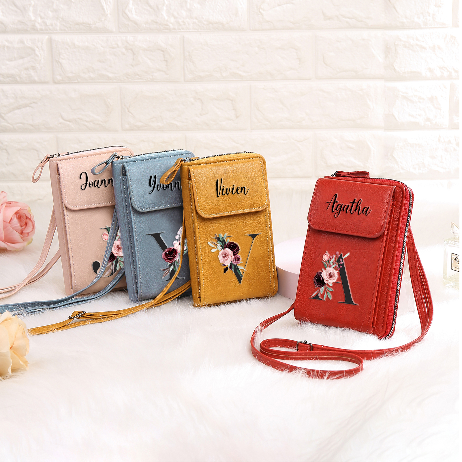 Custom Purse-Personalised Women's Leather Wallet Custom Letter & Name Mobile Phone Wallet Zipper Crossbody Bag