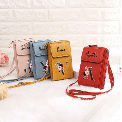 Custom Purse-Personalised Women's Leather Wallet Custom Letter & Name Mobile Phone Wallet Zipper Crossbody Bag