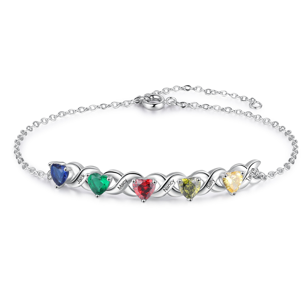Personalised Bracelet With 5 Heart Birthstones Engraved Names Bracelet Gift For Women