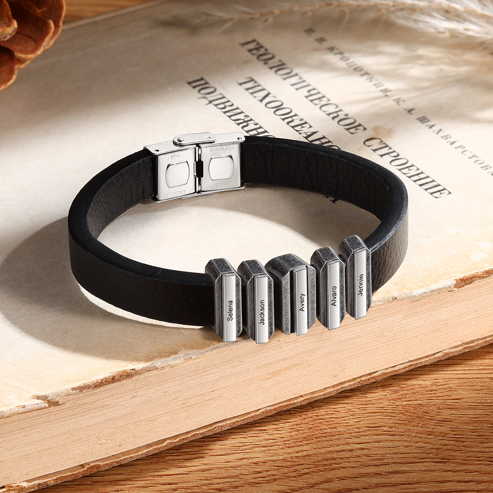 5 Names Personalised Stainless Steel Leather Bracelet Engraved Name Men's Bracelet Gift for Dad