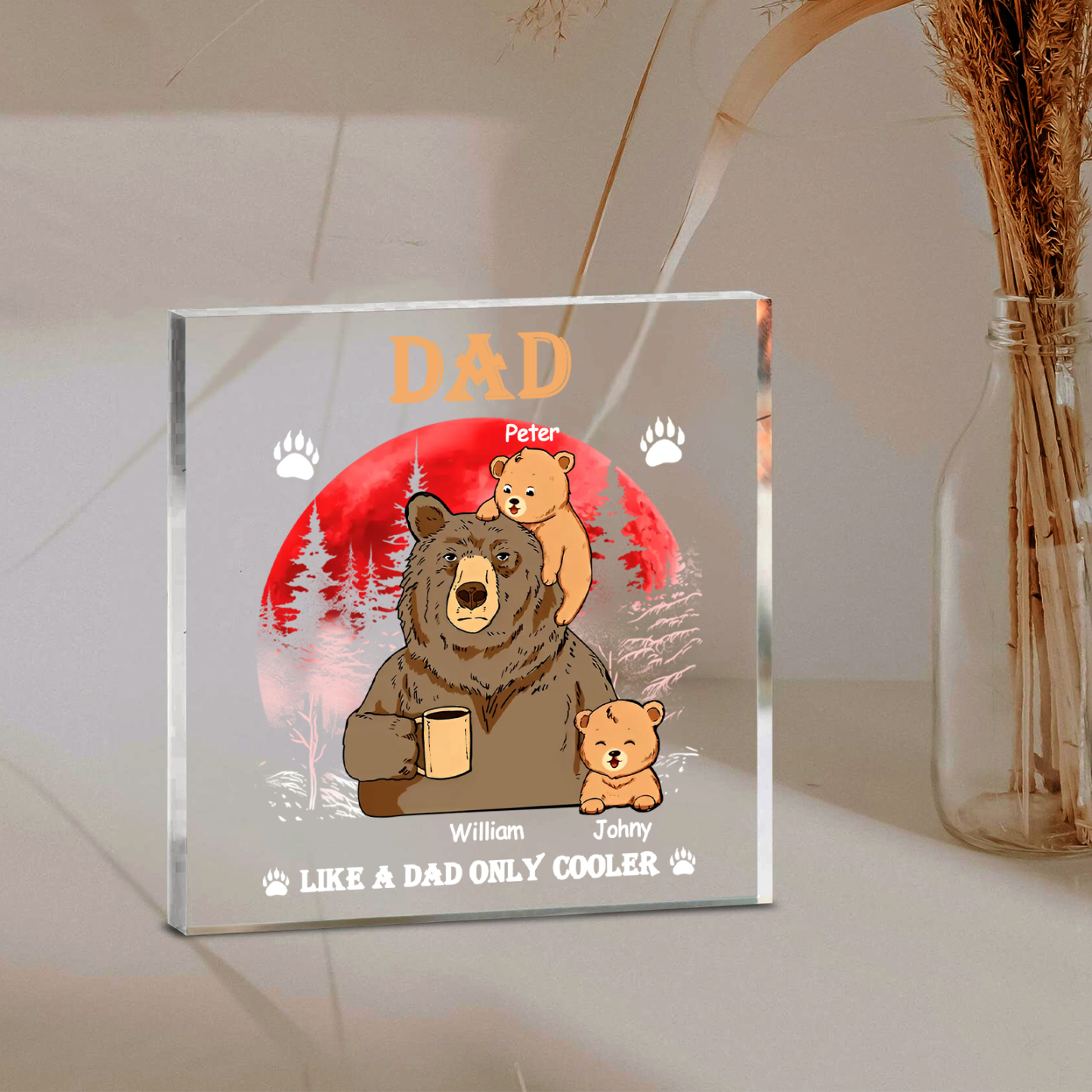 3 Names - Personalised Bear Family Pattern Custom Name Acrylic Square Ornament Father's Day Gift