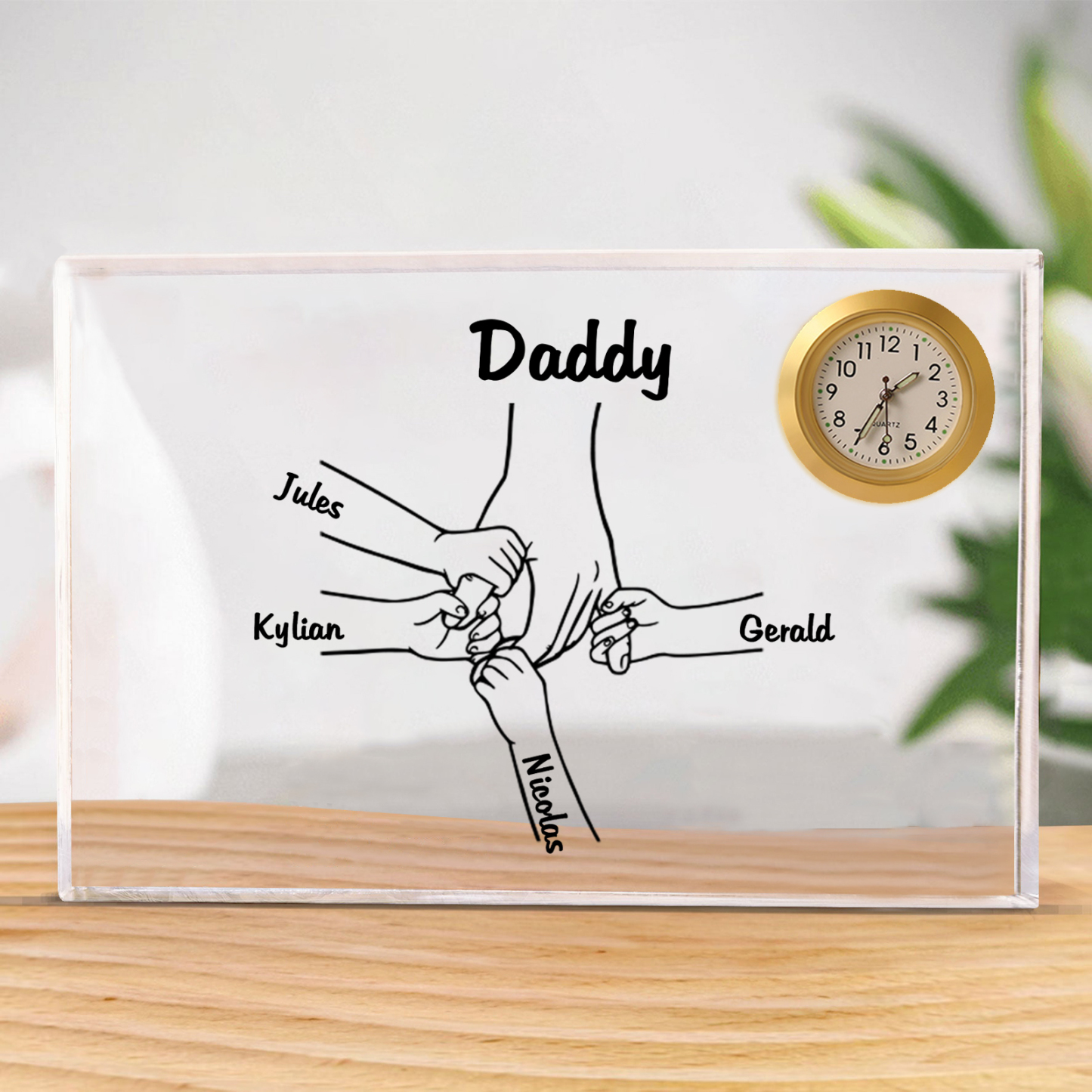 5 Names - Personalised Holding Hands Pattern Custom Name Acrylic Rectangular Clock Ornament Father's Day Gift