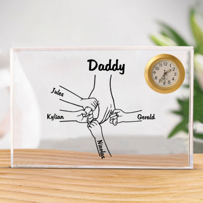 5 Names - Personalised Holding Hands Pattern Custom Name Acrylic Rectangular Clock Ornament Father's Day Gift