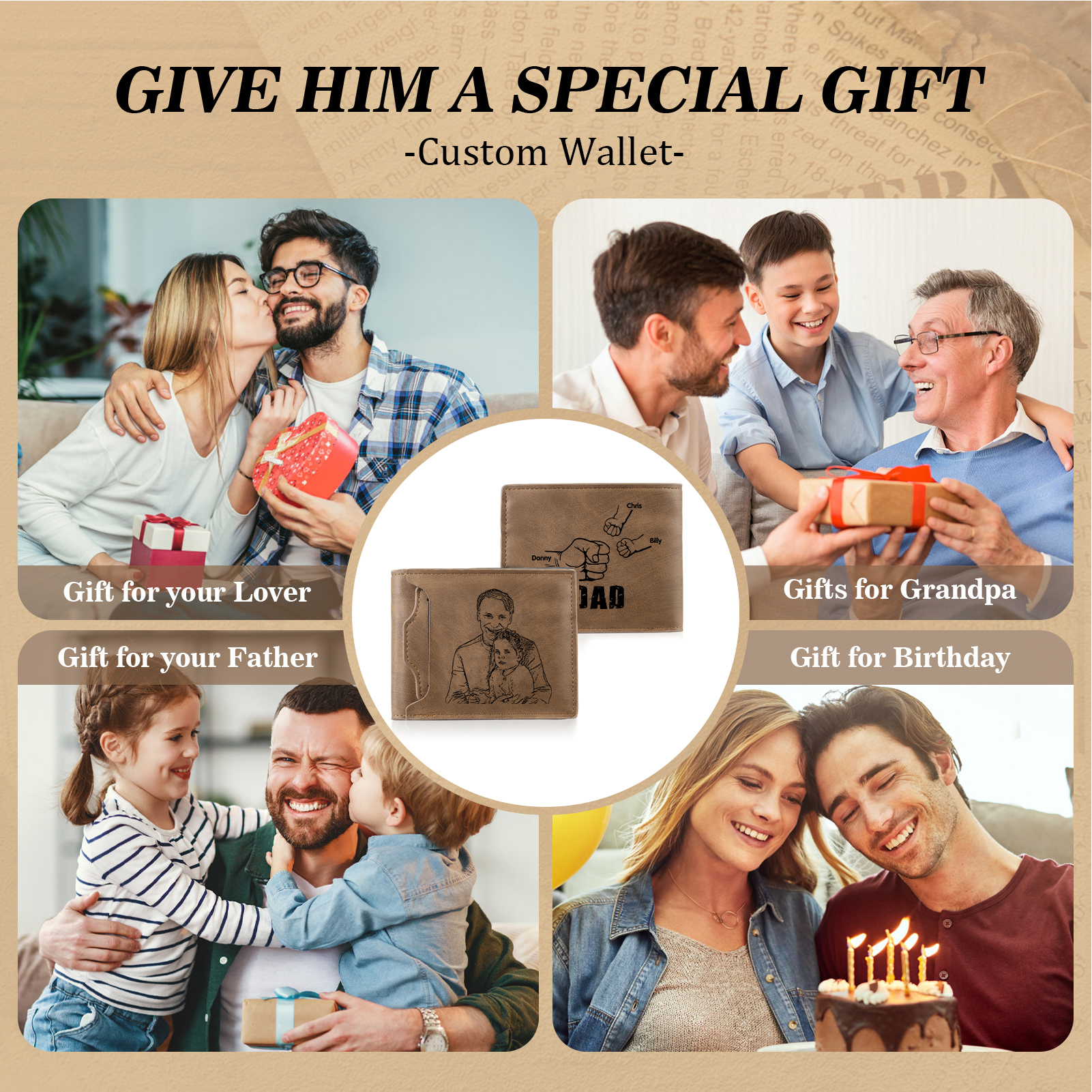 3 Names - Personalised Photo Custom Leather Men's Folding Wallet as a Father's Day Gift for Dad