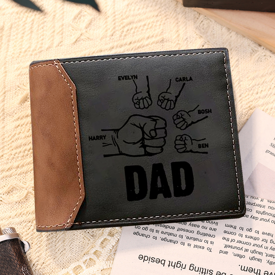 5 Names - Personalised Fist Bump Photo Custom Leather Men's  Wallet With Gift Box as a Father's Day Gift for Dad