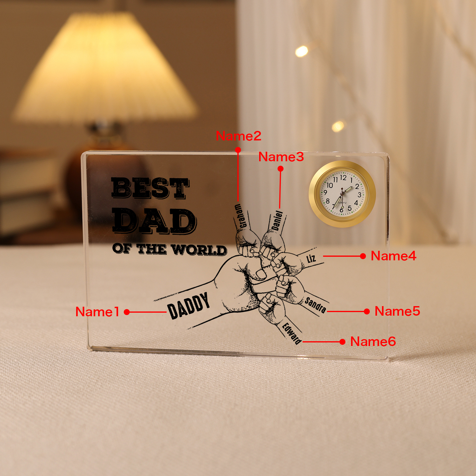 6 Names - Personalised Fist Bump Acrylic Rectangular Clock Ornament Father's Day Gift for Dad