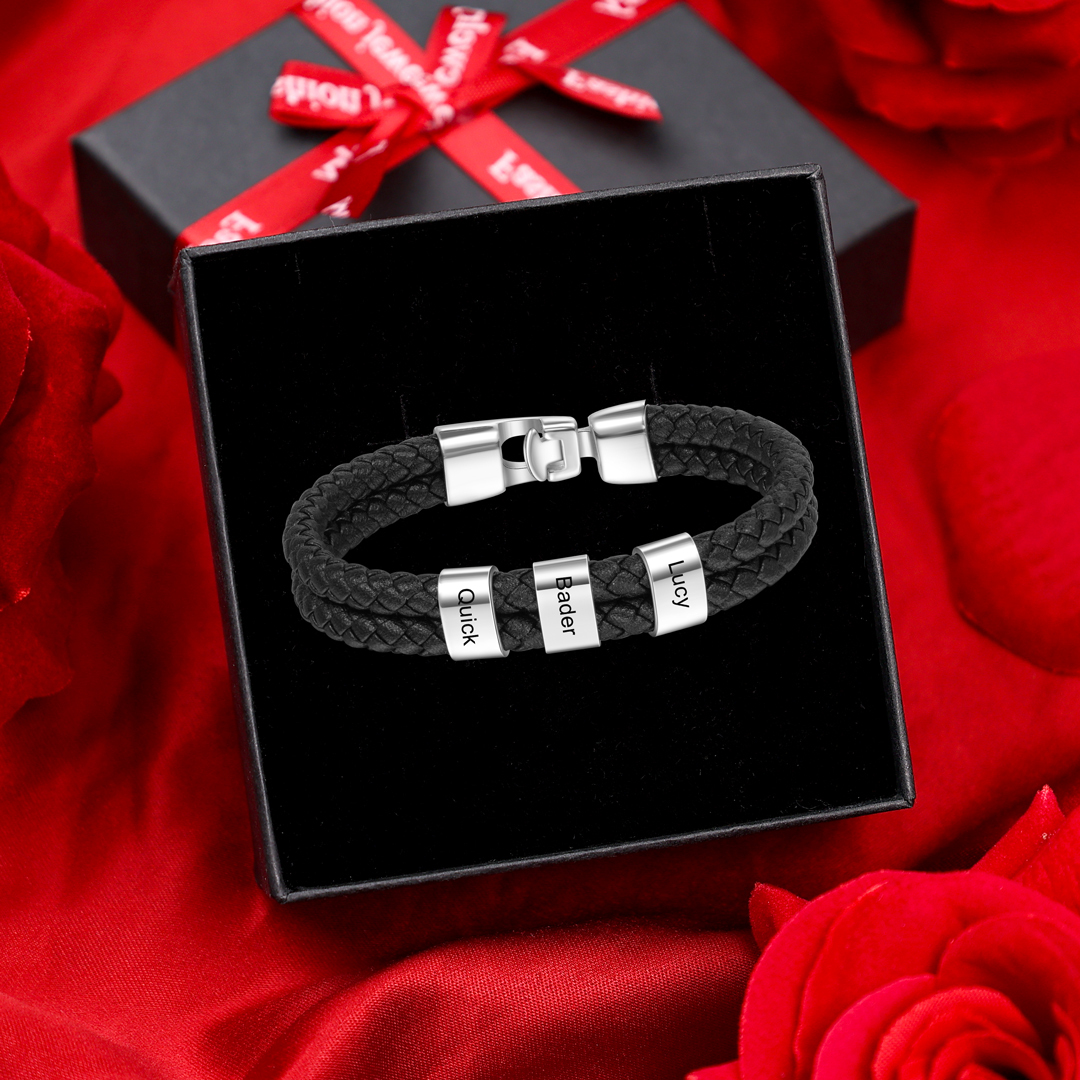 Personalised 1-8 Names Braided Leather Bracelet for Him