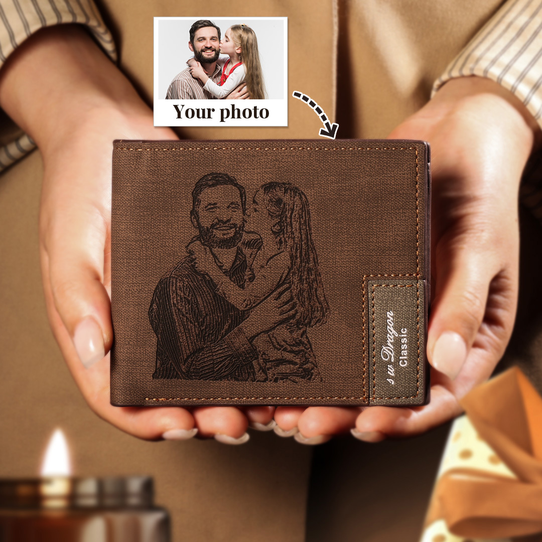 Deep Brown Personalised Leather Wallet Engraved Photo Short Purse Gifts For Men