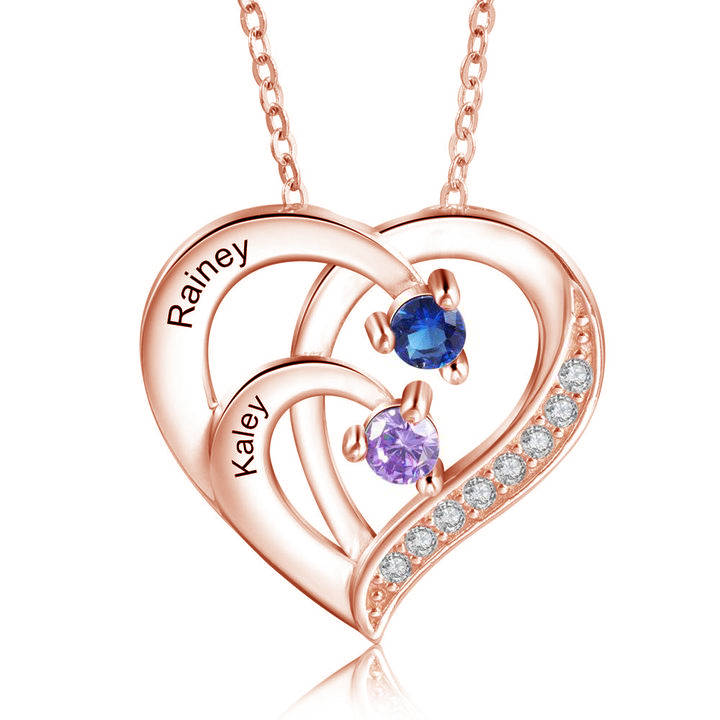Personalised Mother Necklace 2 Stones Engraved 2 Names Birthstone Intertwined Heart Pendant Gifts for Her