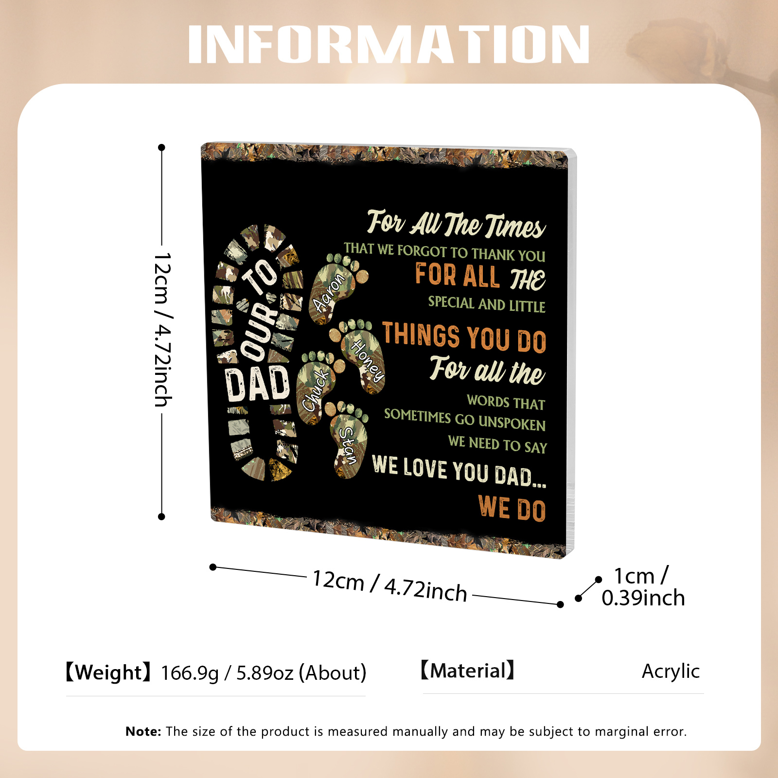 4 Names - Personalised Footprint Pattern Family Acrylic Keepsake Customized Name Acrylic Home Decor Gift for Dad