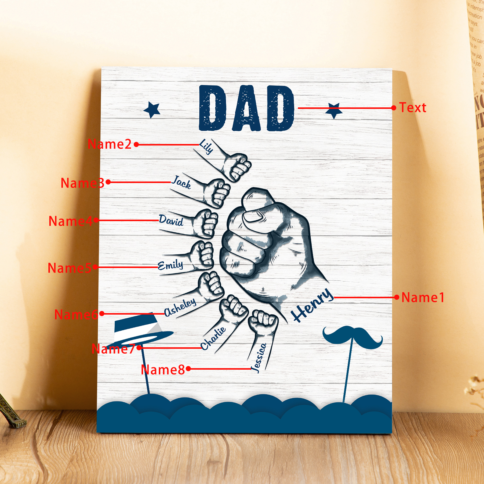 8 Names - Personalised Wooden Ornament Fist Bump Style Engraved Name and Text Ornament for Dad