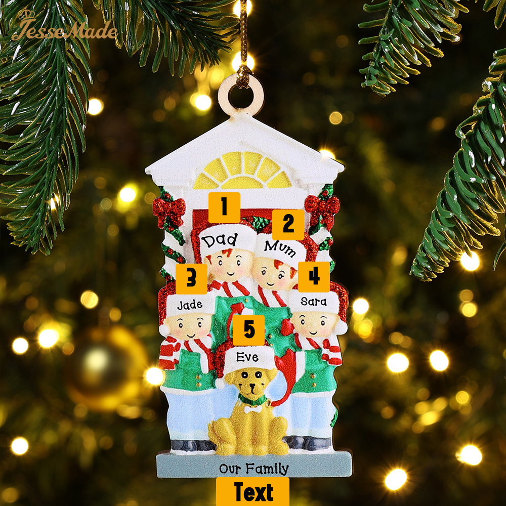 4 Names+Dog Name-Personalised Family Christmas Xmas Tree Decoration Hanging Wooden Ornament with Name-Family with Dog
