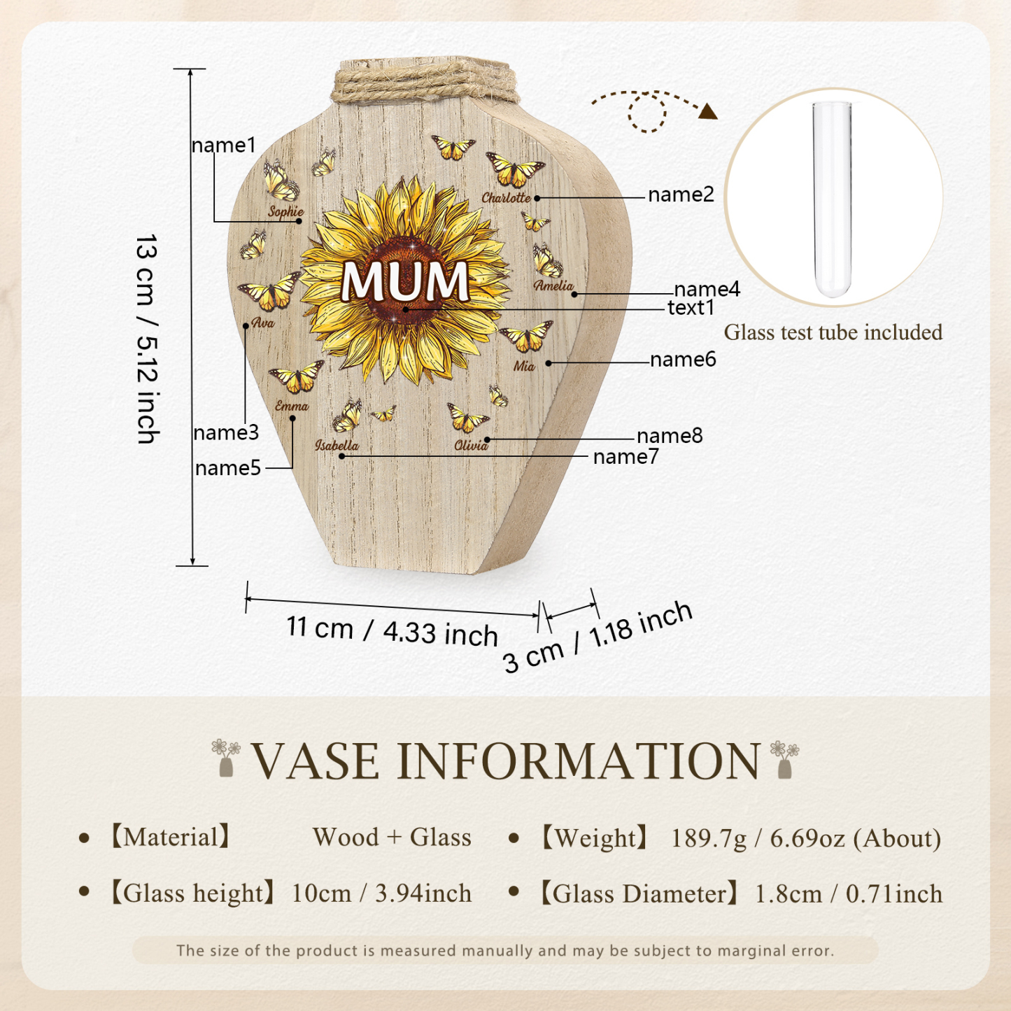 8 Names - Personalized Custom Text and Name Butterfly Style Wooden Decorative Vase as a Gift for Mum