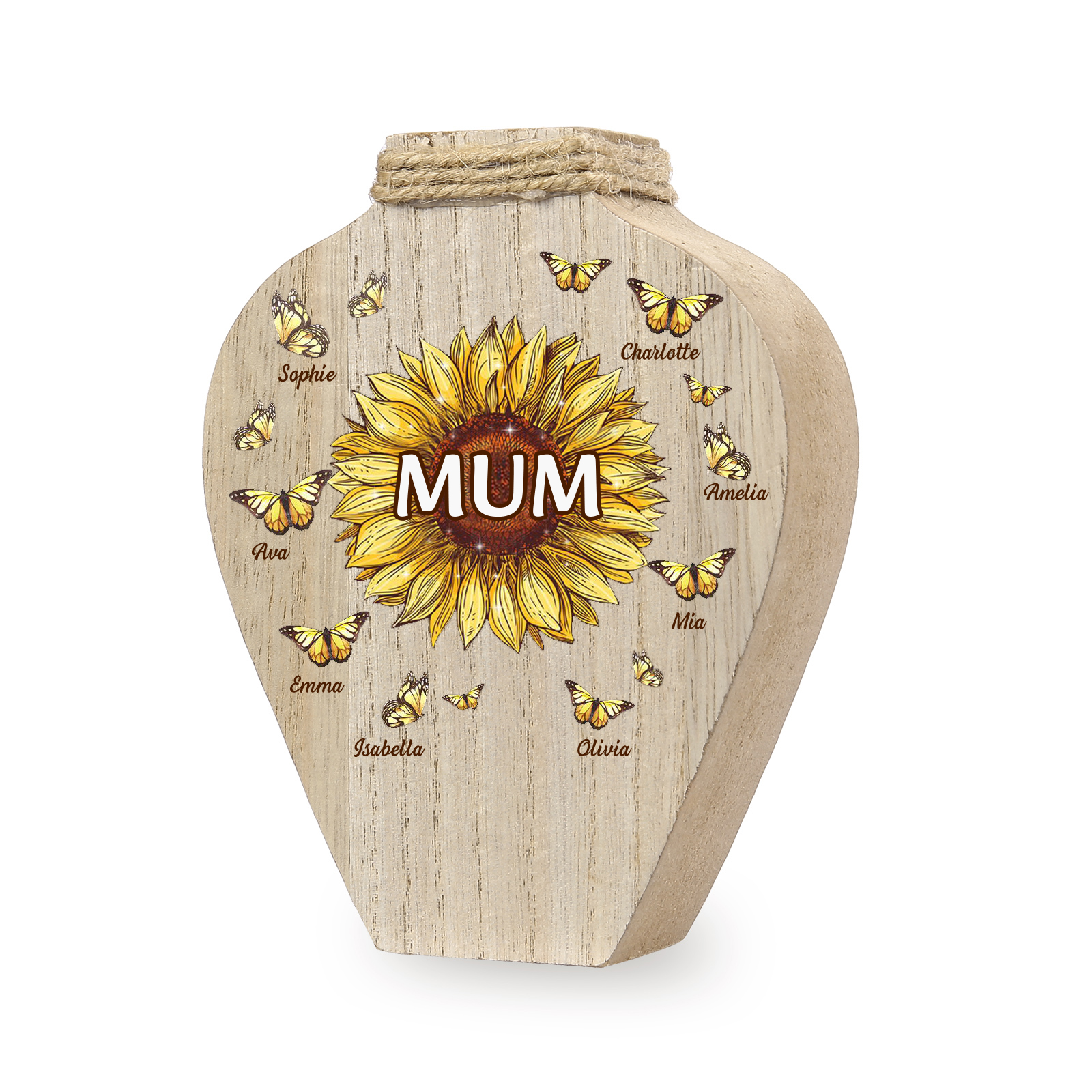 8 Names - Personalized Custom Text and Name Butterfly Style Wooden Decorative Vase as a Gift for Mum