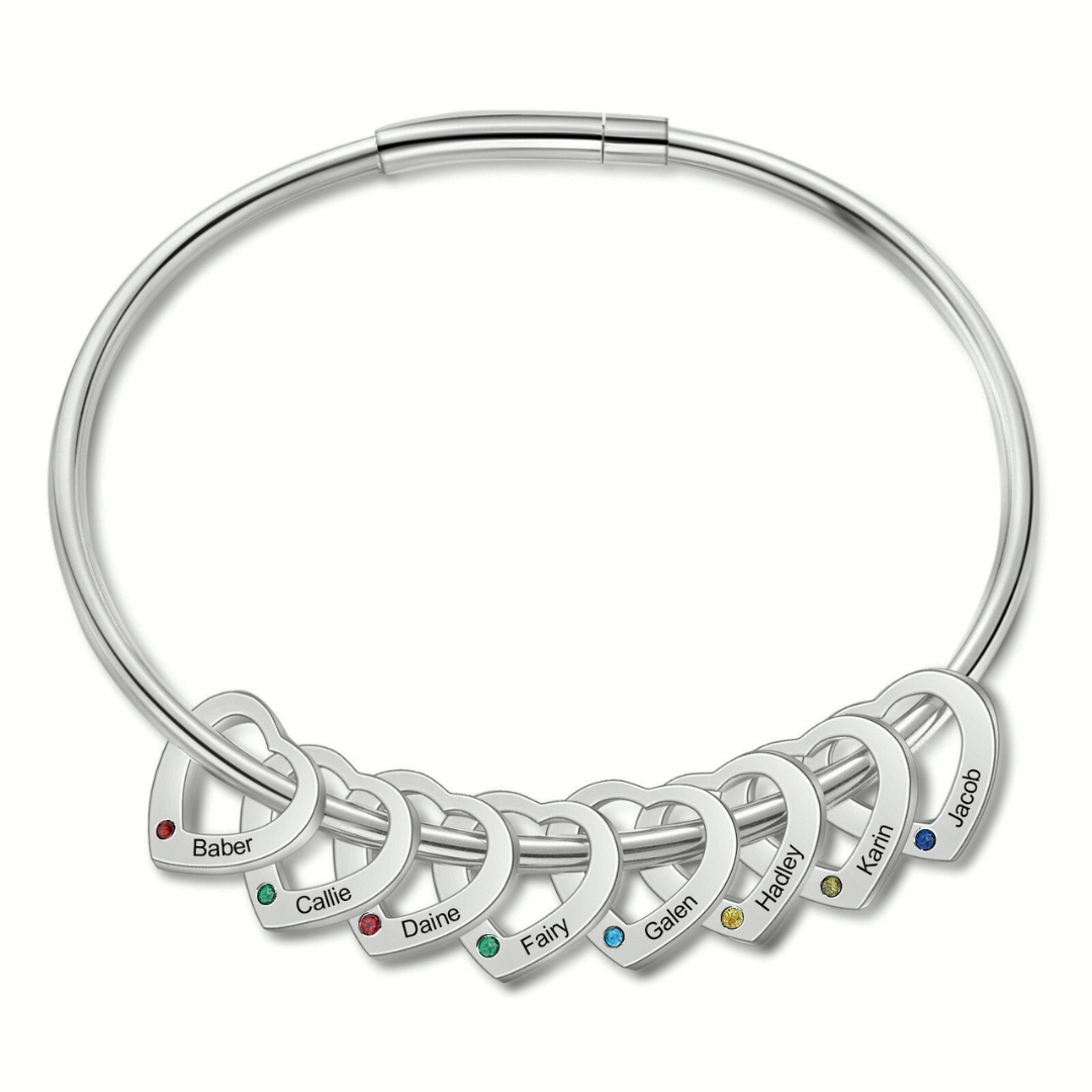 Personalised Women’s Bracelet with Custom 8 Names & Birthstones Heart Bracelet Gift for Her | Jessmade