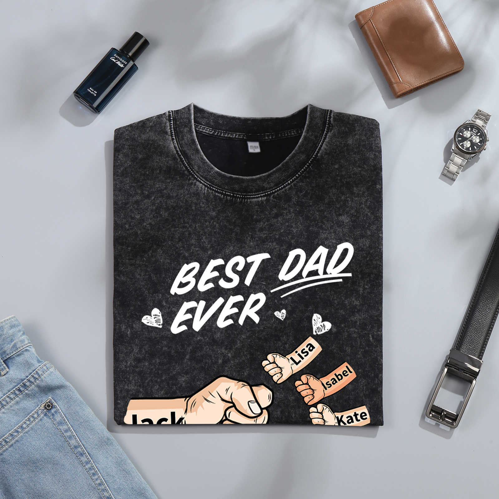 Best Dad Ever - Personalised 2–7 Names Family T-Shirt Custom Fist Bump Short Sleeve Father's Day Gifts For Dad
