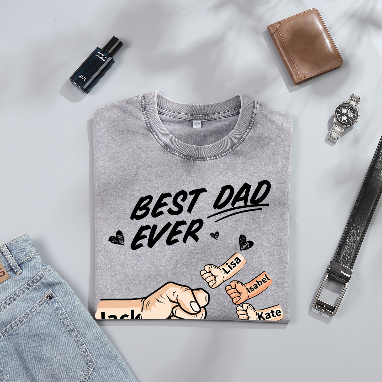 Best Dad Ever - Personalised 2–7 Names Family T-Shirt Custom Fist Bump Short Sleeve Father's Day Gifts For Dad