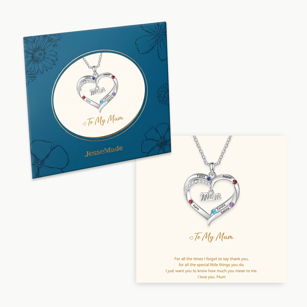Personalised 2-5 Names Mum Nan Heart Necklace with Birthstones