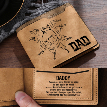 Personalised 2-9 Names Fist Bump Pattern Custom Name Leather Men's Wallet for Dad