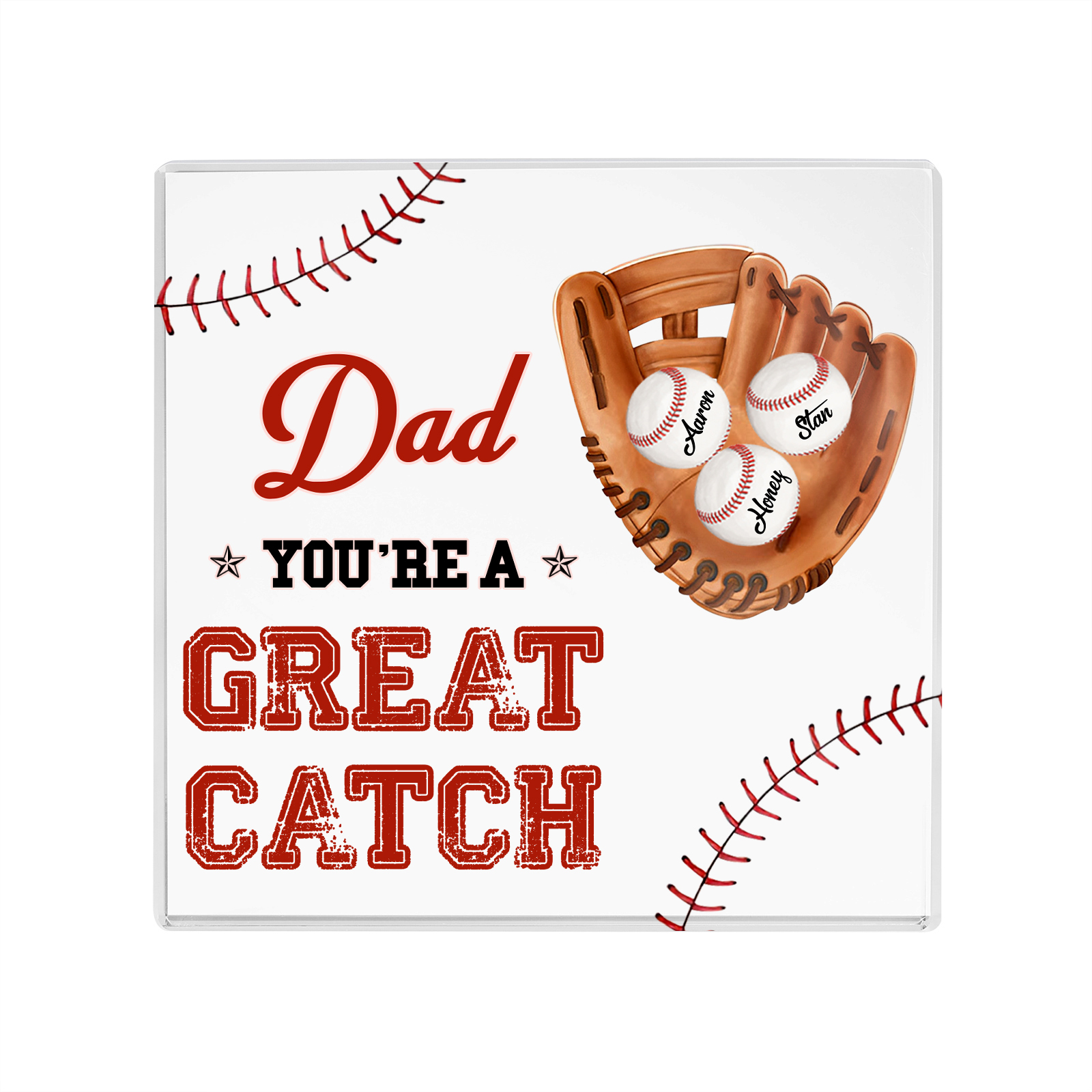 3 Names - Personalised Baseball Acrylic Keepsake Customized Name and Text Acrylic Plaque Ornament Father's Day Gift for Dad
