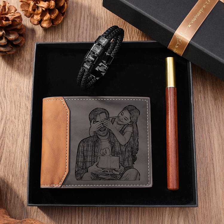 Personalised 1 Photo & 1 Letter & 5 Names Gift Set Custom Wallet & Bracelet & Pen Gift Box Set Father’s Day Gifts