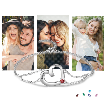 Personalised Heart Bracelet With 1 Birthstone Engraved Names Gift For Women
