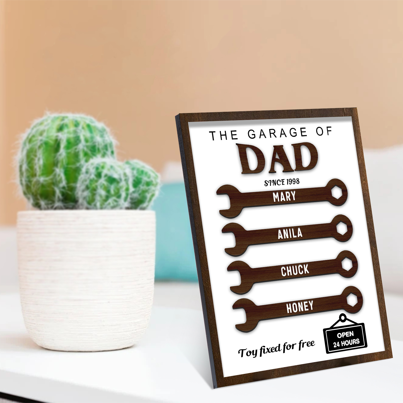 4 Names - Personalised Repair Tool Style Home Photo Frame Wooden Decor Father's Day Gift for Dad